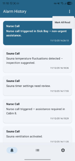 Alarm History screen with options menu open
