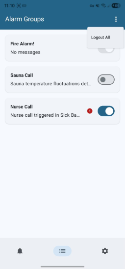 Alarm Groups screen with options menu open