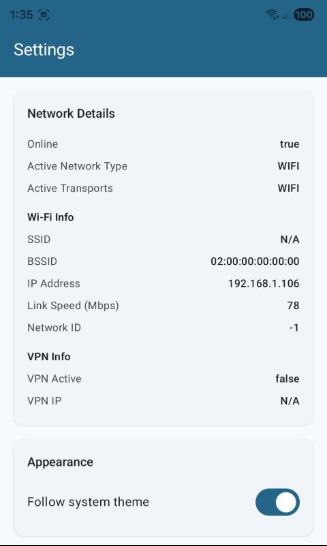 Settings screen upper half